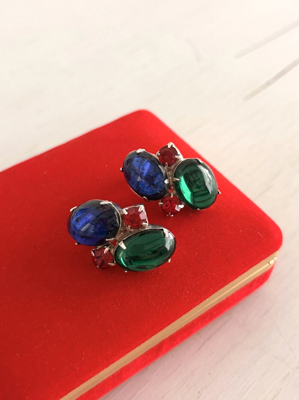Vintage Jelly Carbochan Blue Red and Green Clip On Earrings